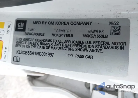 2022 Chevrolet Spark Fwd Ls Automatic z USA, uszkodzony, nr VIN KL8CB6SA1NC031997